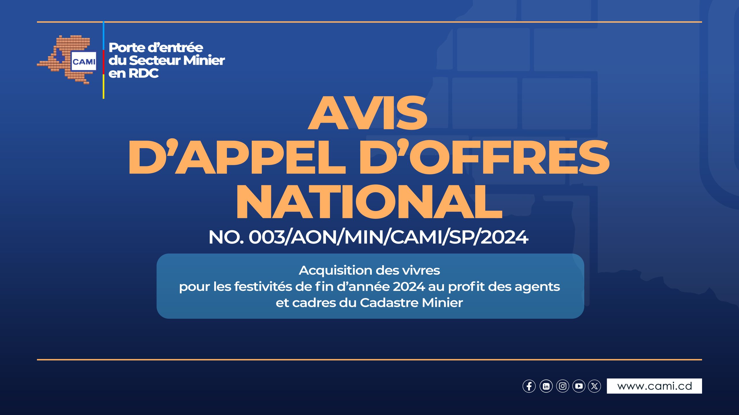 You are currently viewing Avis d’appel d’offres national N°003/AON/MIN/CAMI/SP/2024